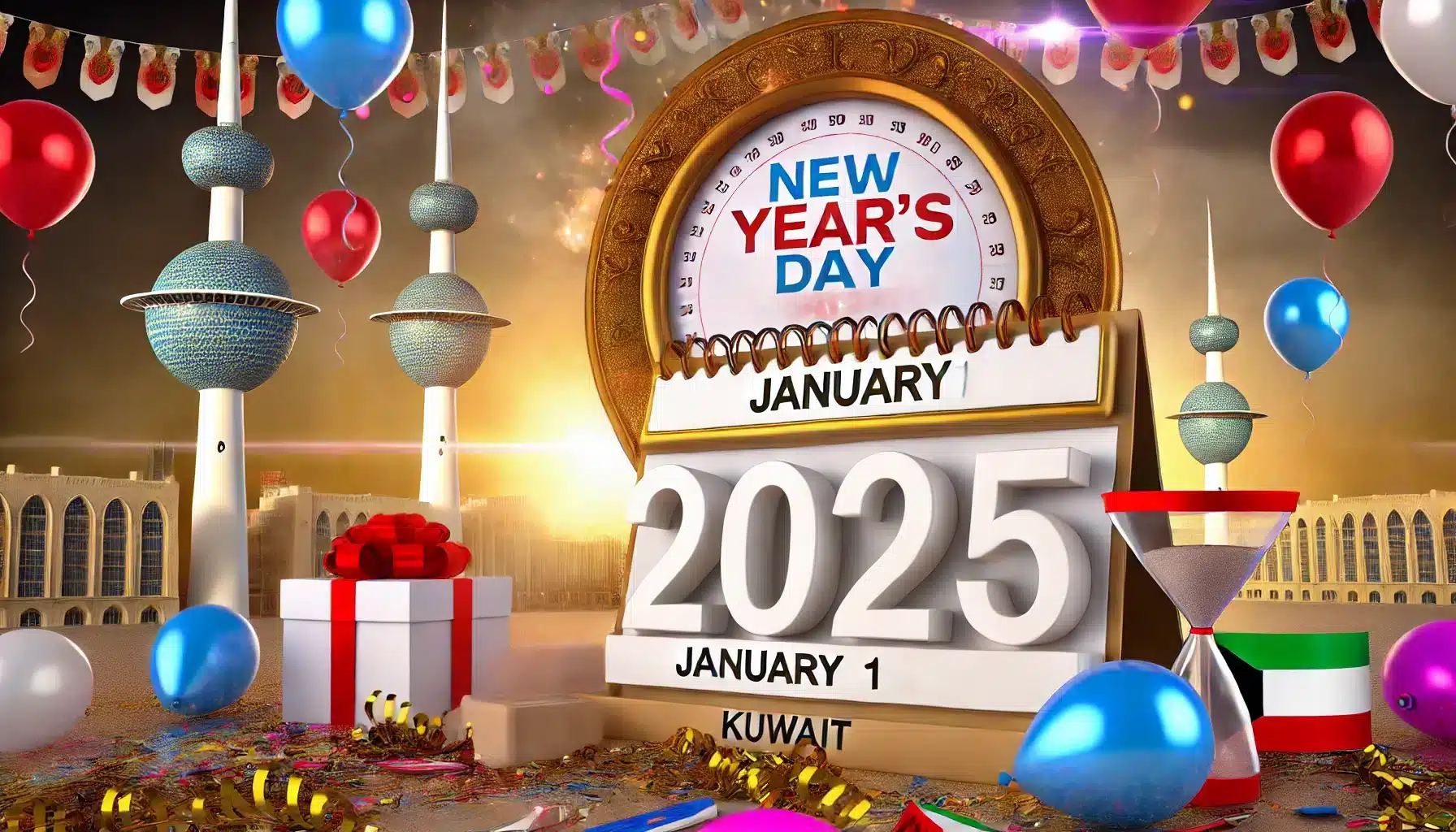 موعد اجازة راس السنة الكويت 2025 1 DALL·E 2024 09 30 21.35.27 A visually appealing countdown image for New Years Day holiday in Kuwait for 2025. The scene includes a large decorative calendar displaying the dat